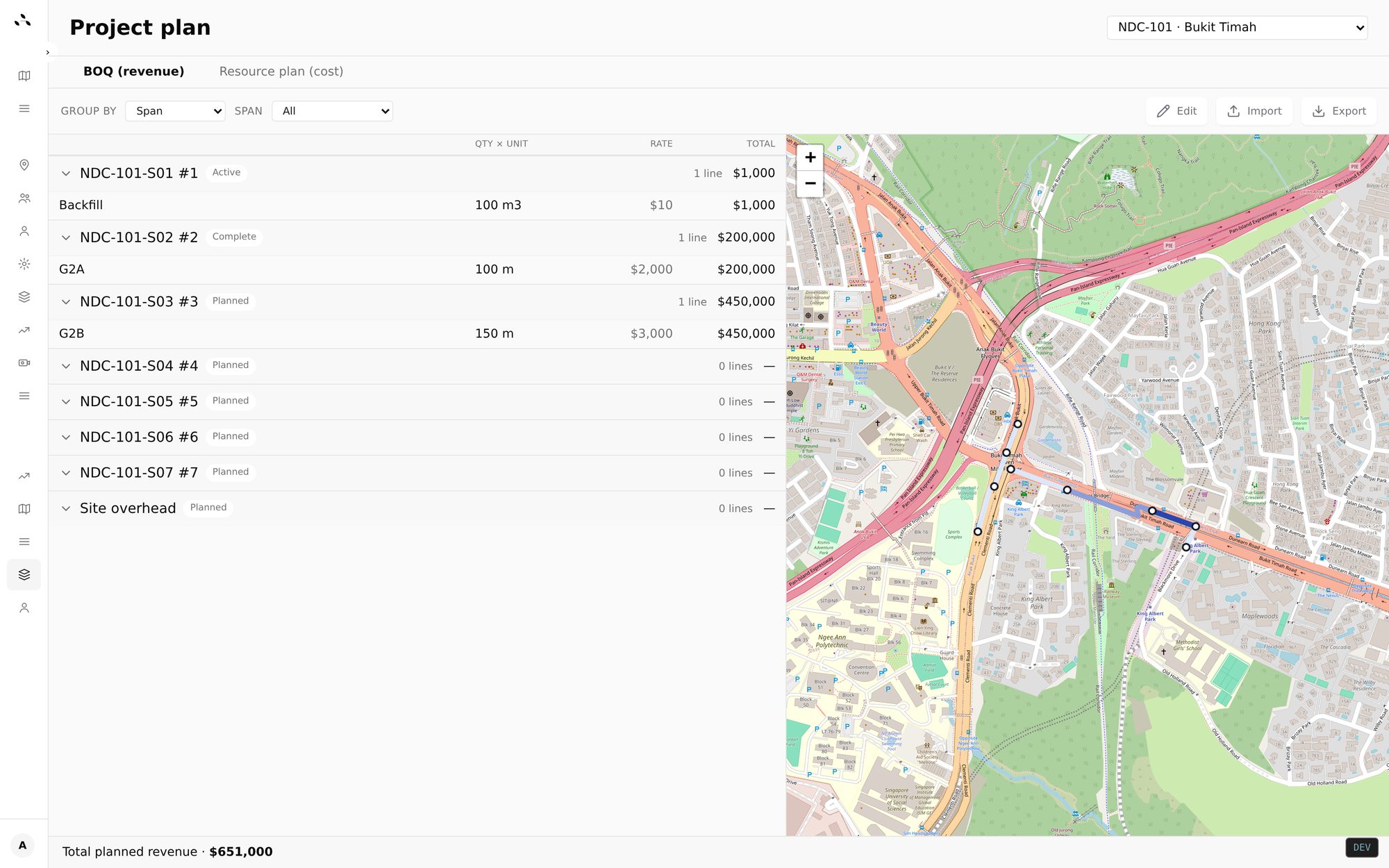 Project plan editor with BOQ revenue lines side-by-side with the chainage map
