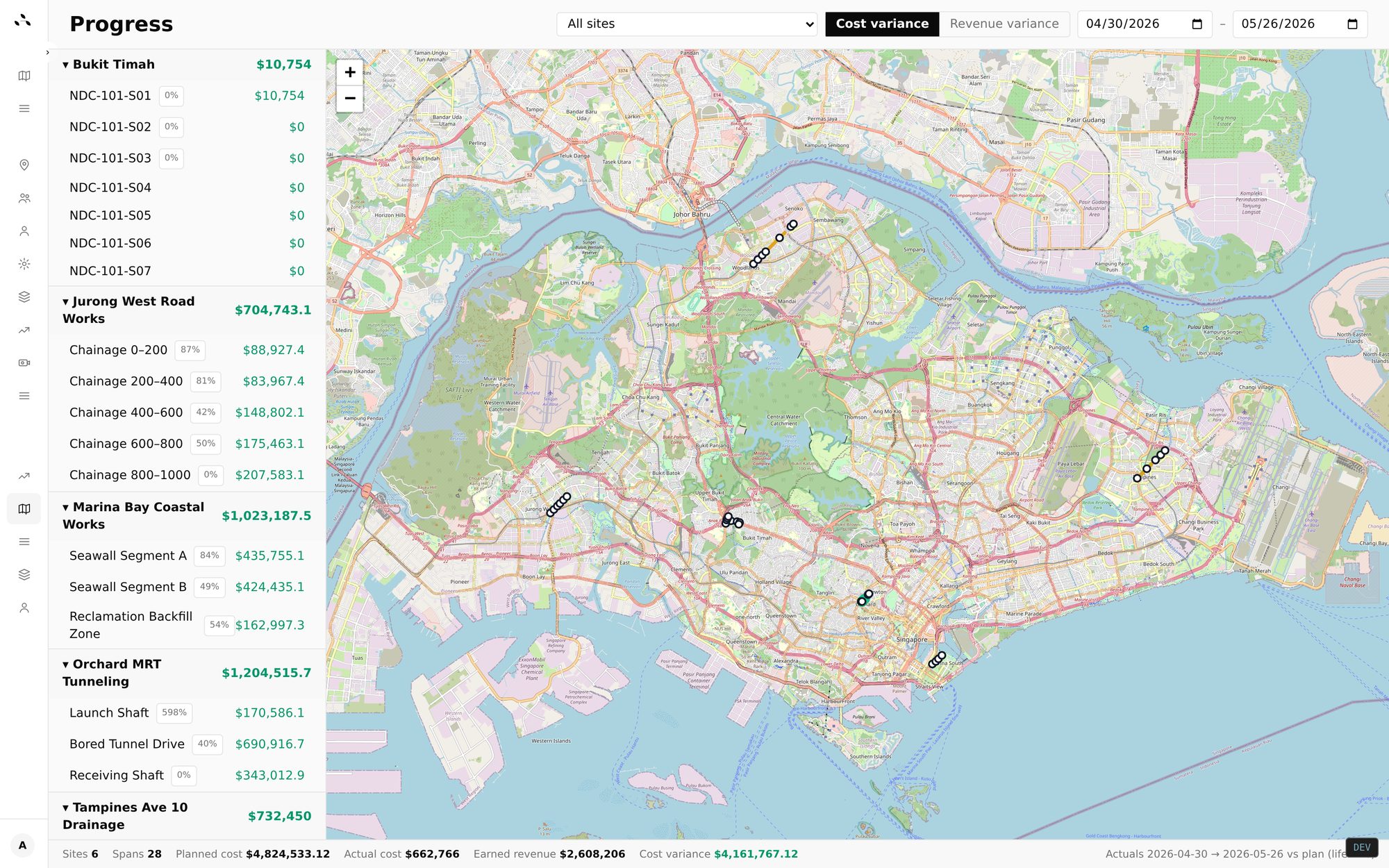 Portfolio progress map with chainage-level variance overlay across all Singapore sites